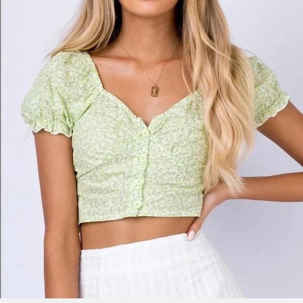 Princess Polly Green Floral Crop Blouse